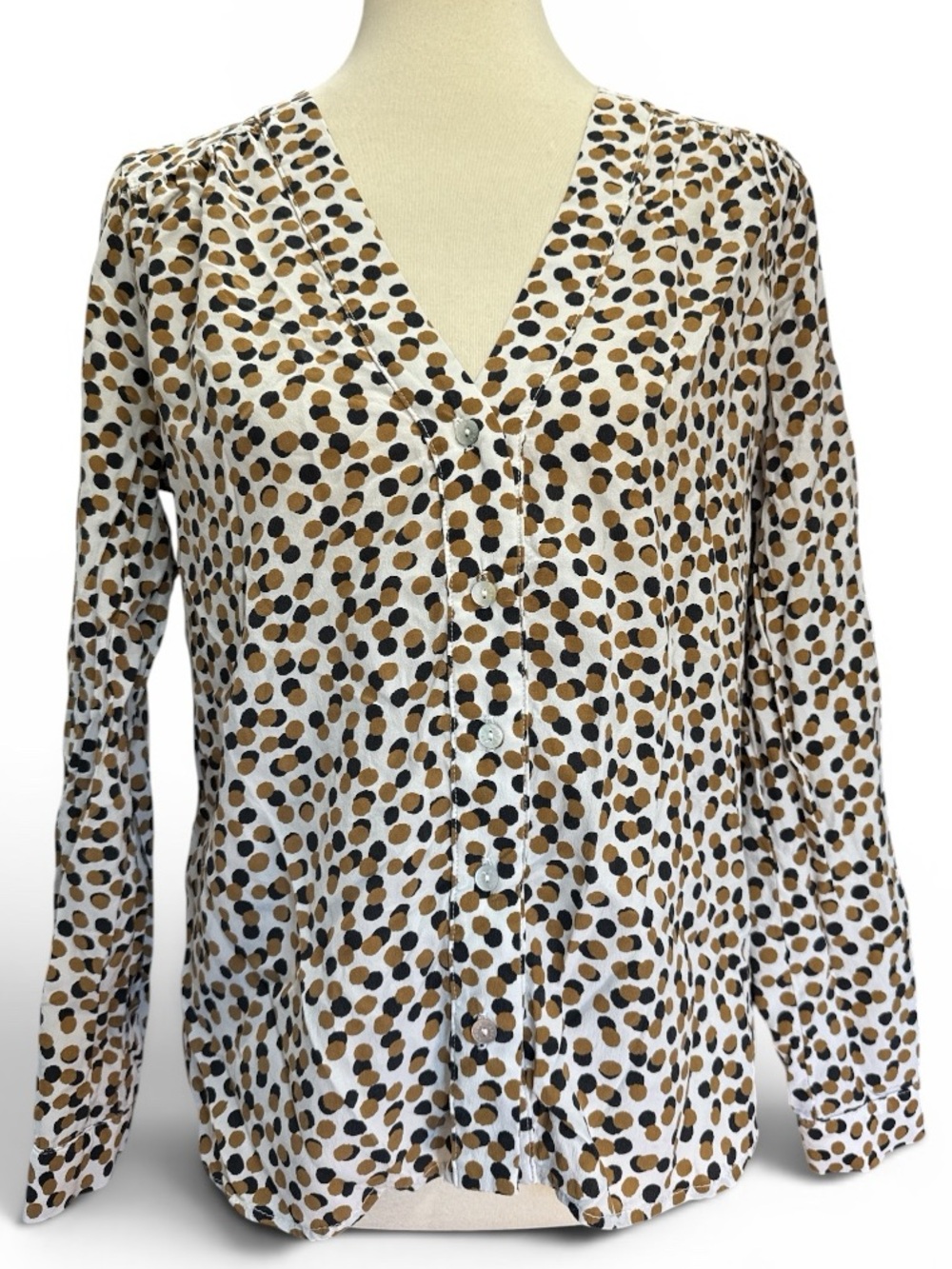 Amour Vert Polka Dot V-Neck Blouse with Brown and Black Dots #540